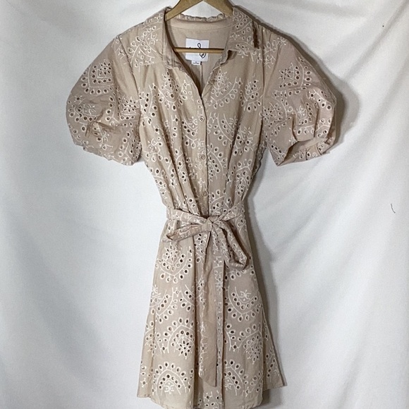 NWT SAM EDELMAN Schiffli Mini Shirtdress Puff Sleeve Eyelet Size 14 - Picture 5 of 13